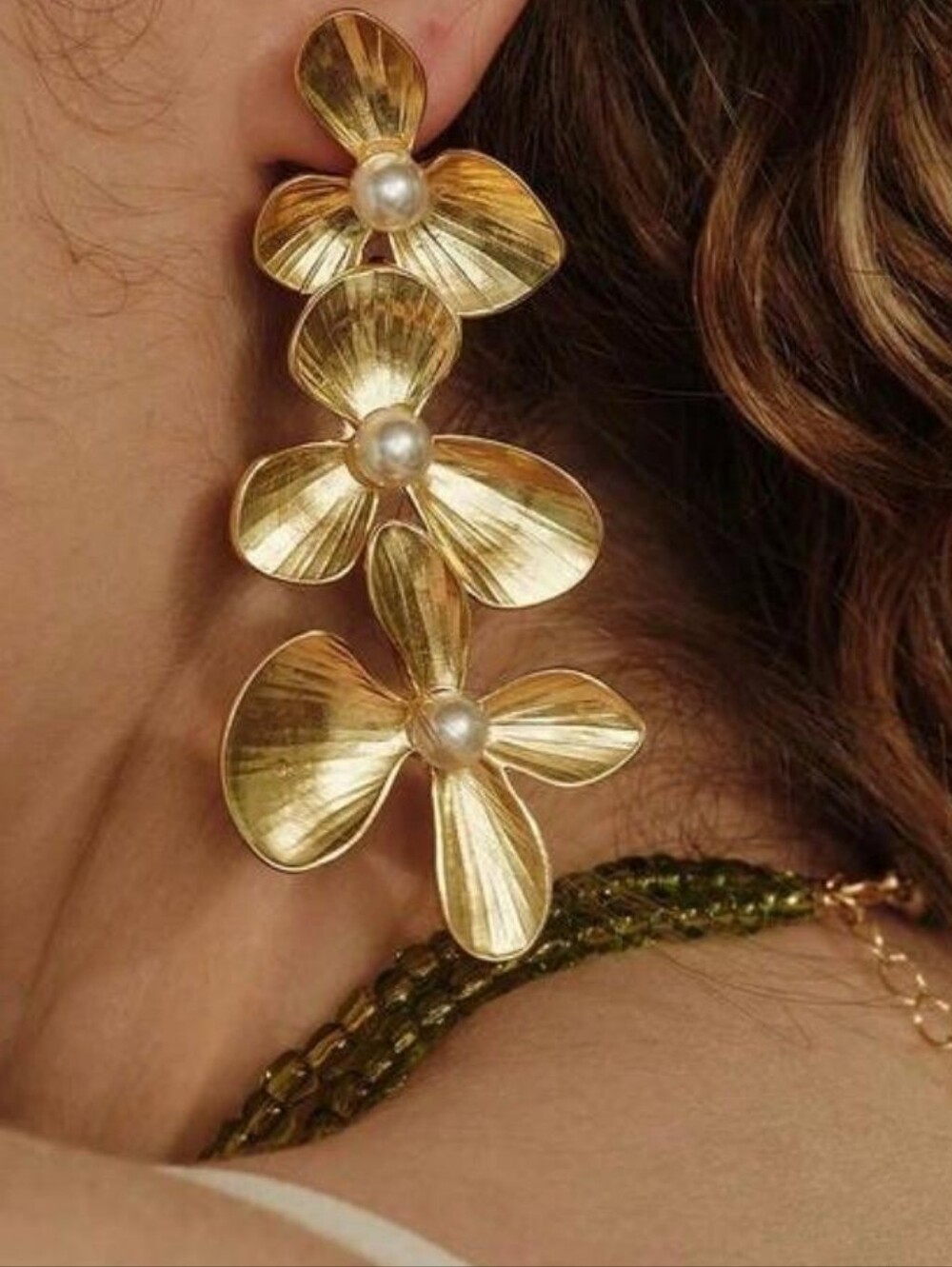 Gold Floral Drop Earrings with Pearls